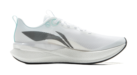 White running shoe with black stripe pattern, teal accents, and cushioned midsole