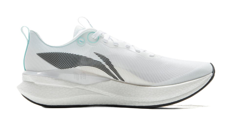White running shoe with black stripe pattern, teal accents, and cushioned midsole