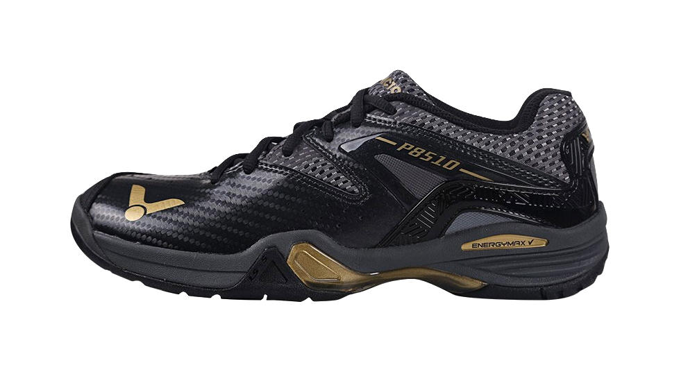 Unisex badminton shoe in black with gold accents, mesh upper and lace-up