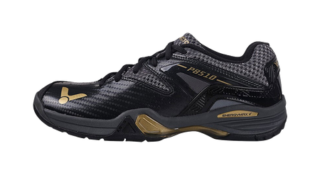 Unisex badminton shoe in black with gold accents, mesh upper and lace-up