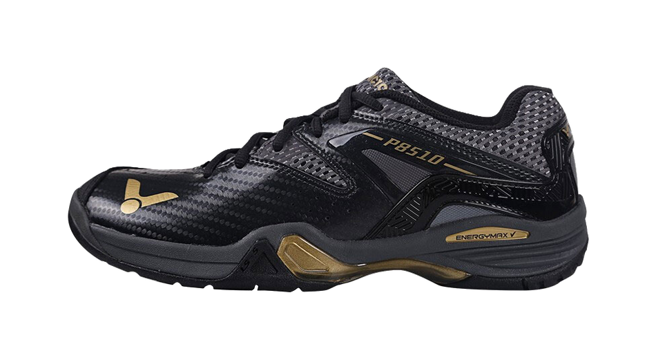 Unisex badminton shoe in black with gold accents, mesh upper and lace-up