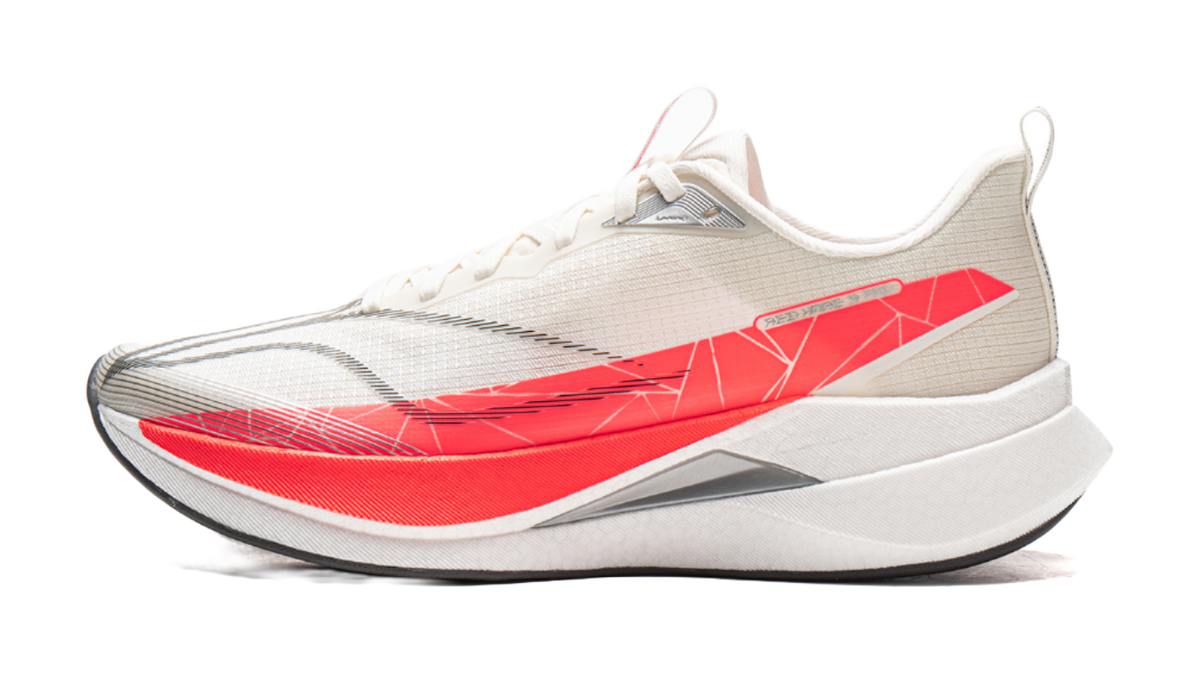Li-Ning running shoe with white knit upper and red graphic stripe, cushioned midsole