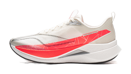 Li-Ning running shoe with white knit upper and red graphic stripe, cushioned midsole