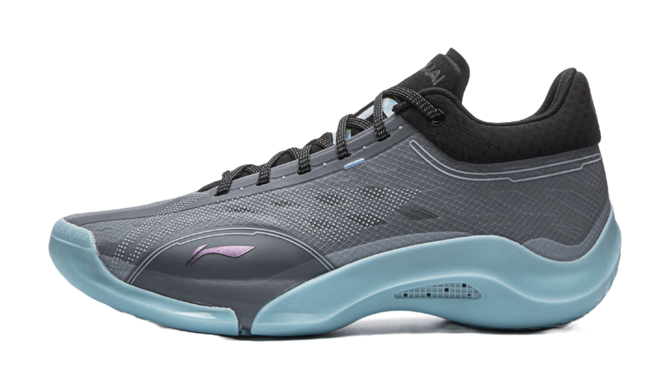 Men's mid-top basketball shoes with blue-gray upper, black laces, light blue outsole