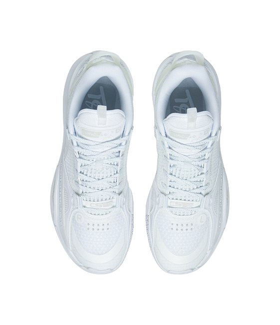 Pair of white basketball shoes, front view with laces and padded tongue