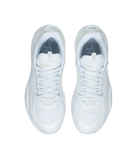 Pair of white basketball shoes, front view with laces and padded tongue