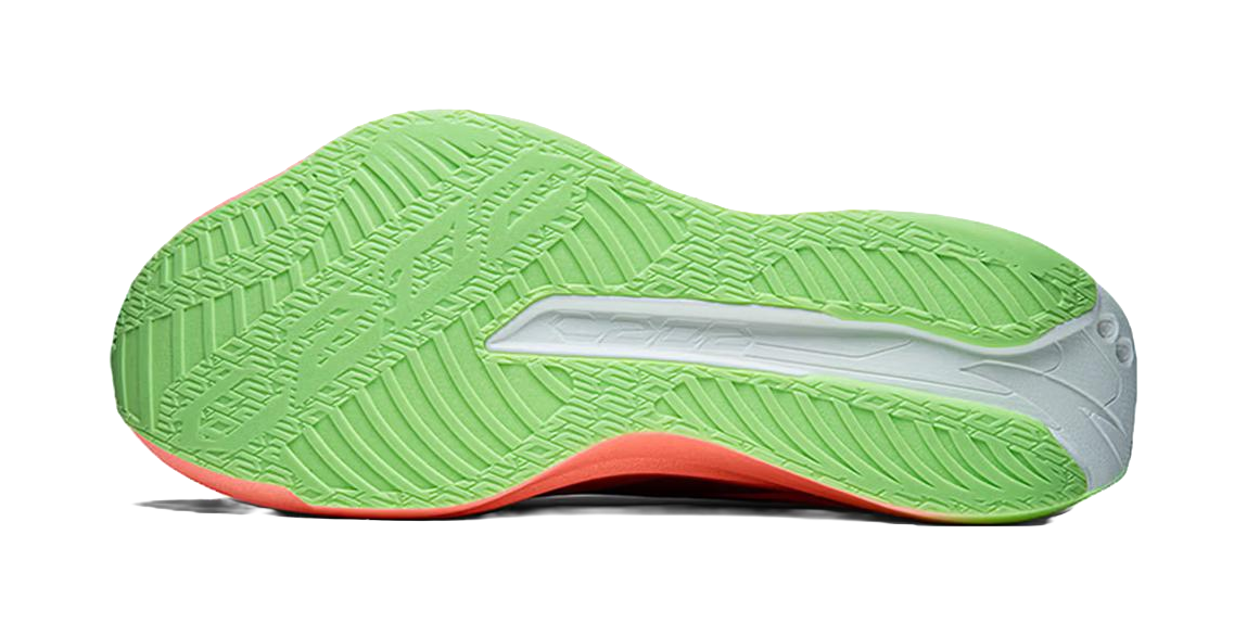 Running shoe outsole, textured lime green tread with white panel and orange edge