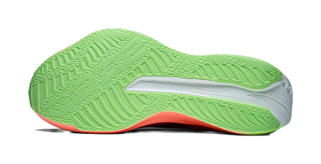 Running shoe outsole, textured lime green tread with white panel and orange edge