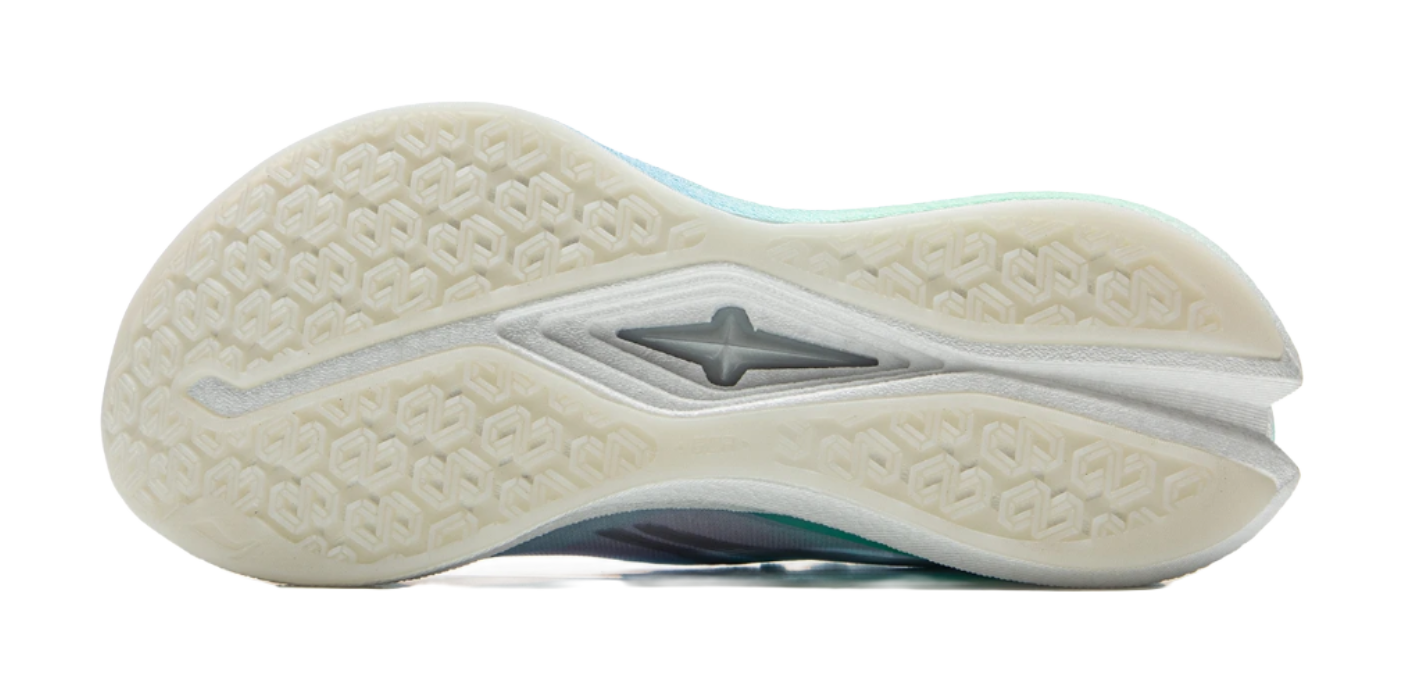 White rubber outsole for running shoe with star logo and textured tread.