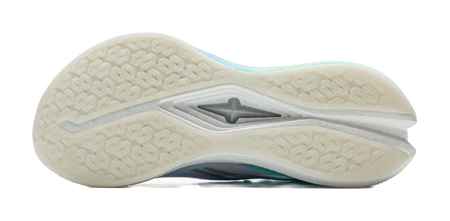 White rubber outsole for running shoe with star logo and textured tread.