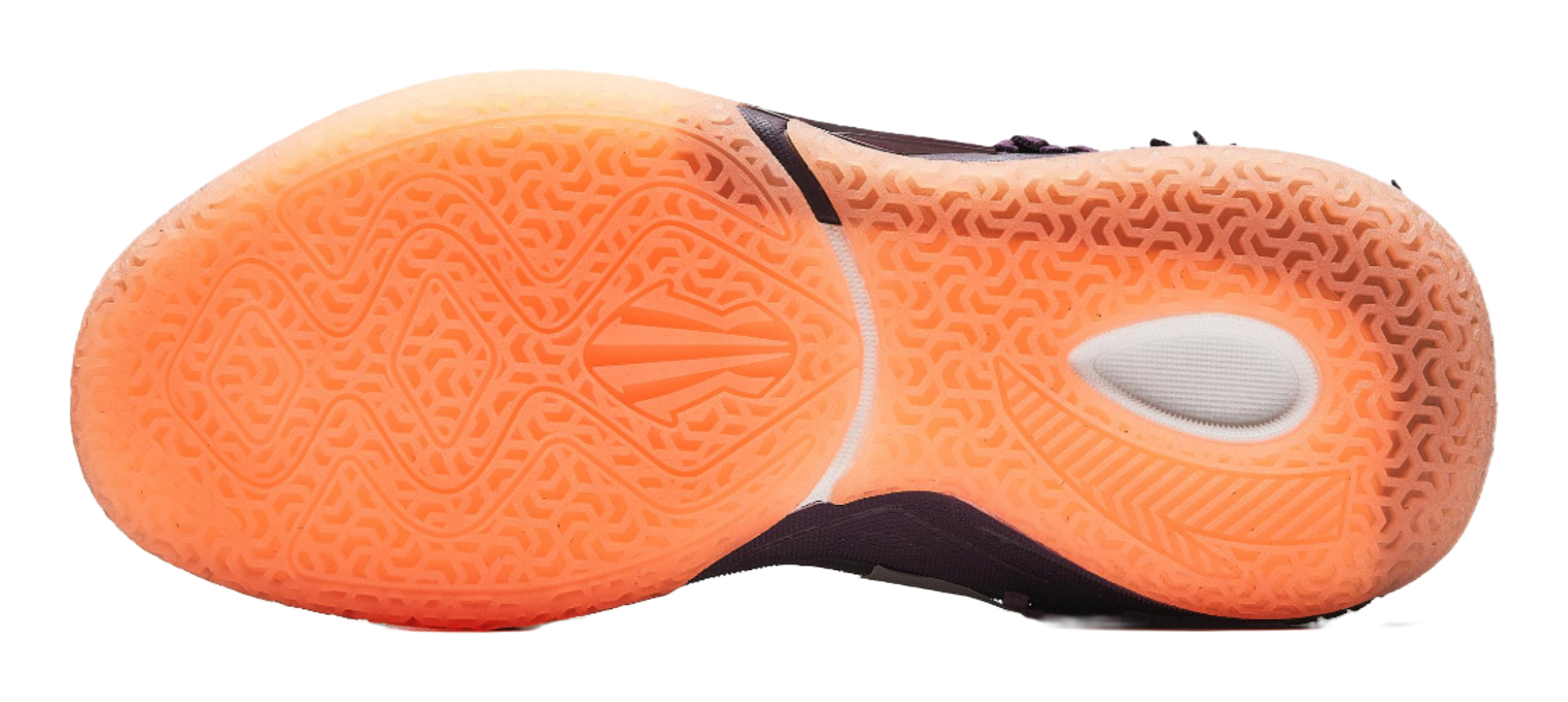 Purple basketball shoe outsole view, orange rubber traction tread with circular vent
