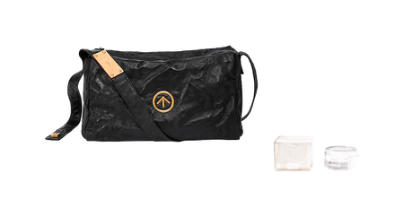 GROTTO black pleated sheepskin crossbody bag with tan label and included accessories