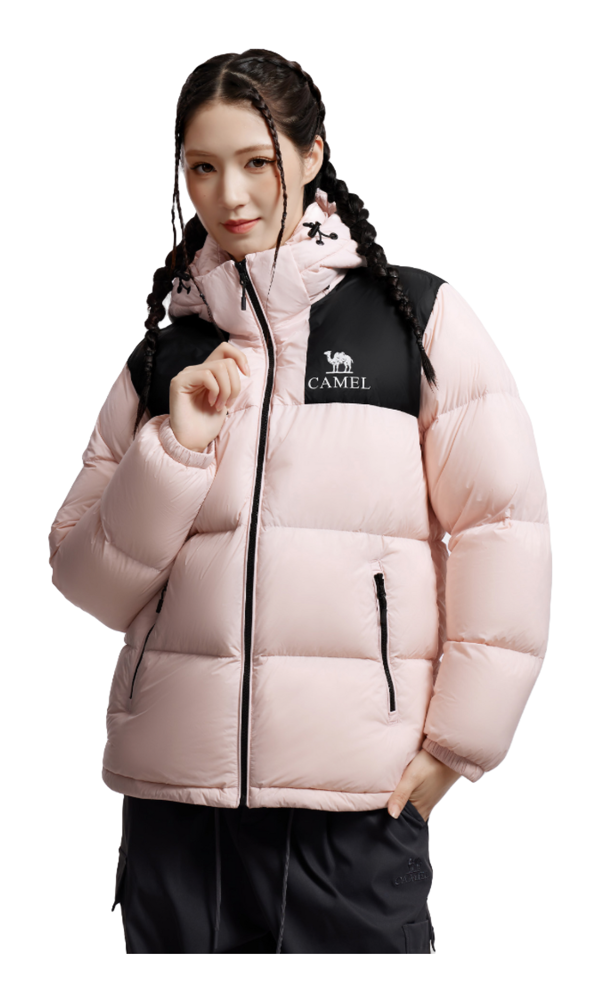 Model wearing unisex pink hooded puffer down jacket with black chest panel and front zipper