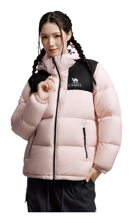 Model wearing unisex pink hooded puffer down jacket with black chest panel and front zipper