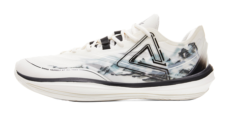 Lightweight basketball shoe, cream upper with black trim and blue-gray pattern