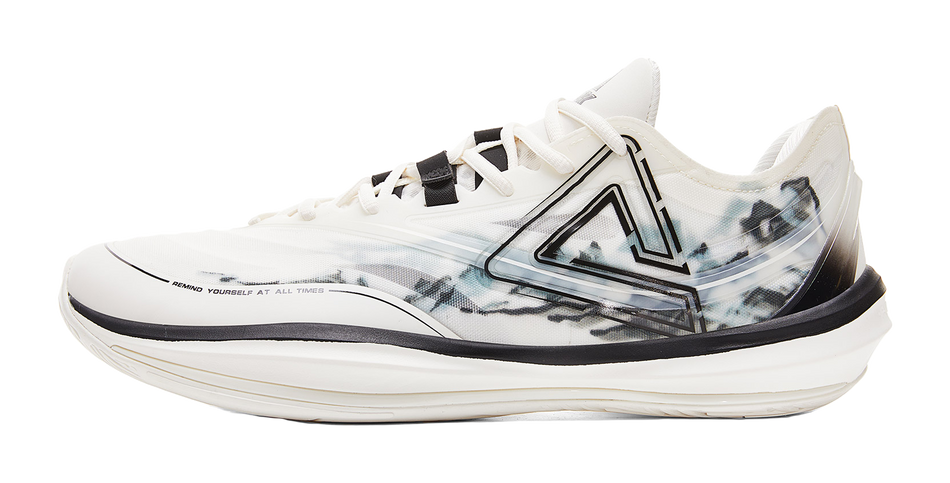 Lightweight basketball shoe, cream upper with black trim and blue-gray pattern