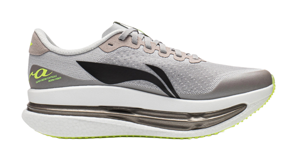 Women's low-top running shoes, side view, calm gray mesh with black stripe and green sole
