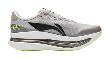 Women's low-top running shoes, side view, calm gray mesh with black stripe and green sole