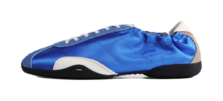 Blue low-top ballet training shoe with beige lining and stitched canvas upper