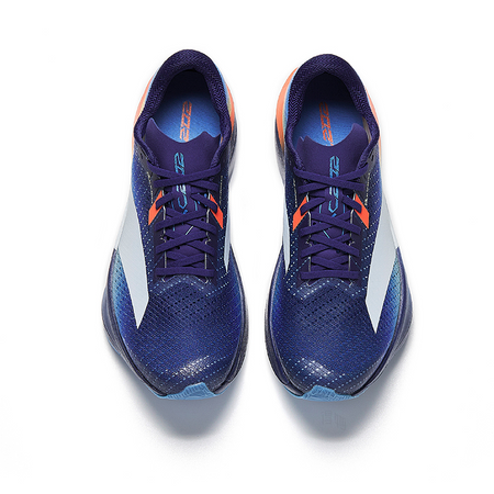 Pair of men's running shoes, blue knit upper, purple laces, orange heel accents