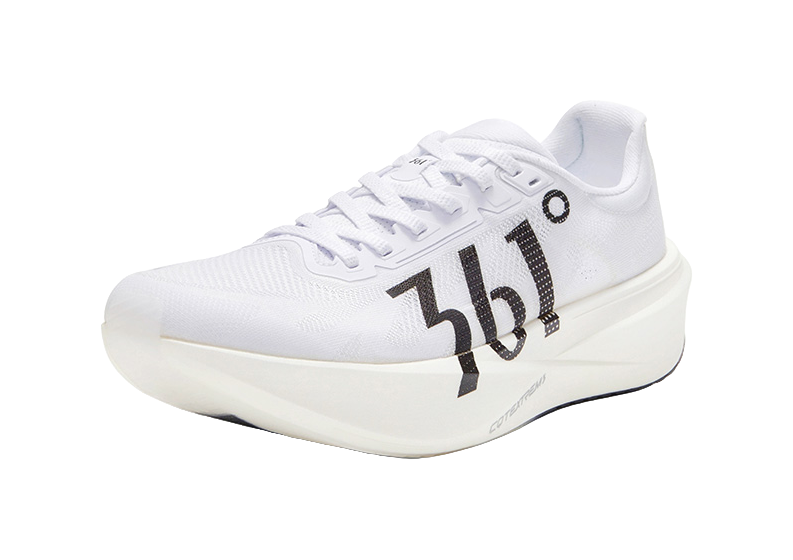 White low running shoe with black 361 flame stripe and lace-up front