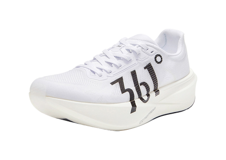 White low running shoe with black 361 flame stripe and lace-up front