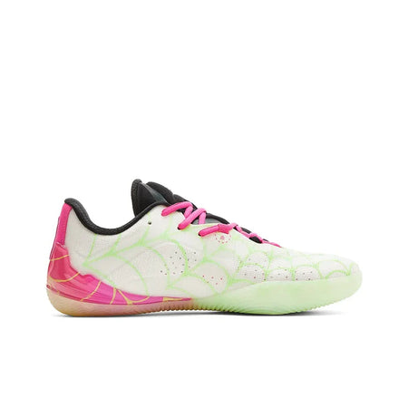 Unisex basketball shoe side view, white upper with neon green pattern and pink trim