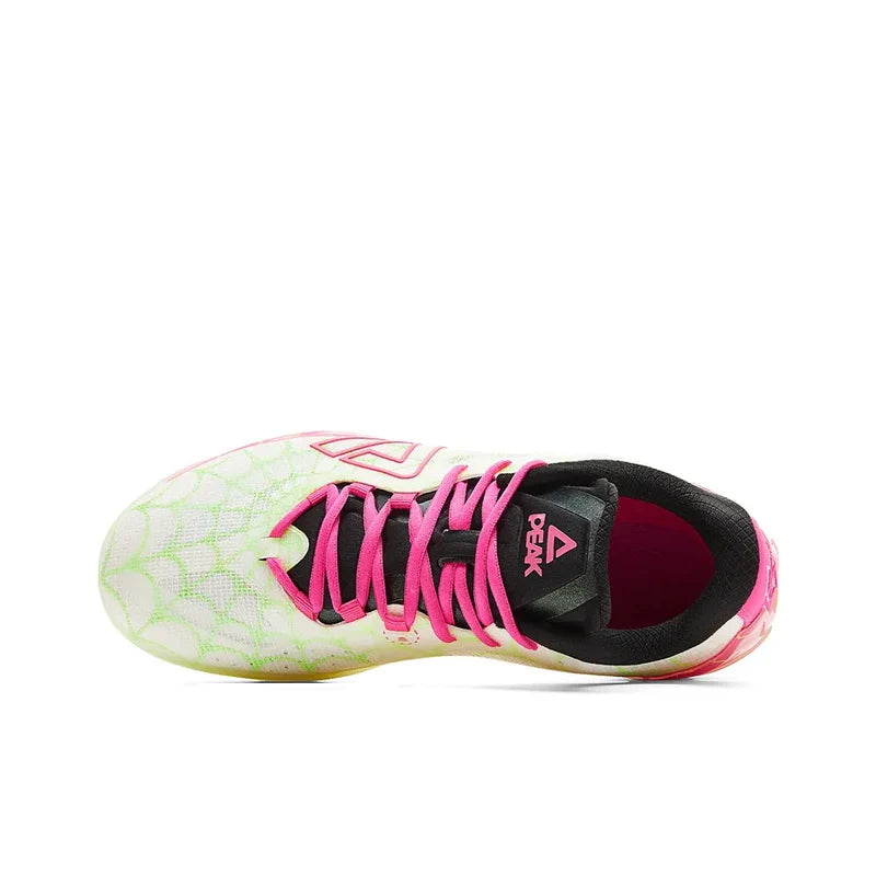 Unisex basketball shoe with white upper, pink laces, black collar, and red interior