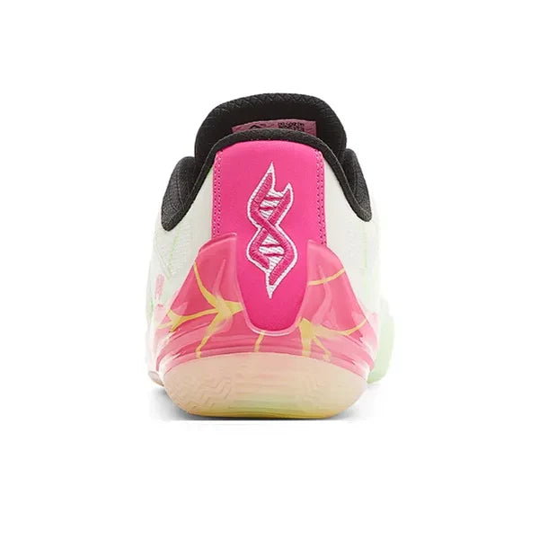Unisex basketball shoe heel view, white back with pink panel, black padding, and red accents