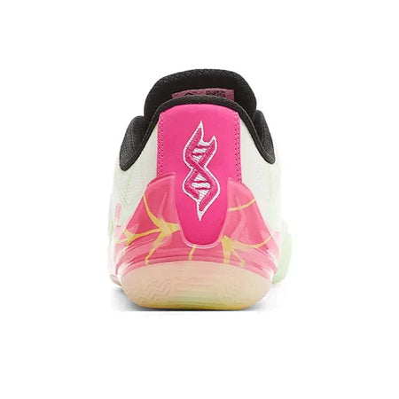Unisex basketball shoe heel view, white back with pink panel, black padding, and red accents