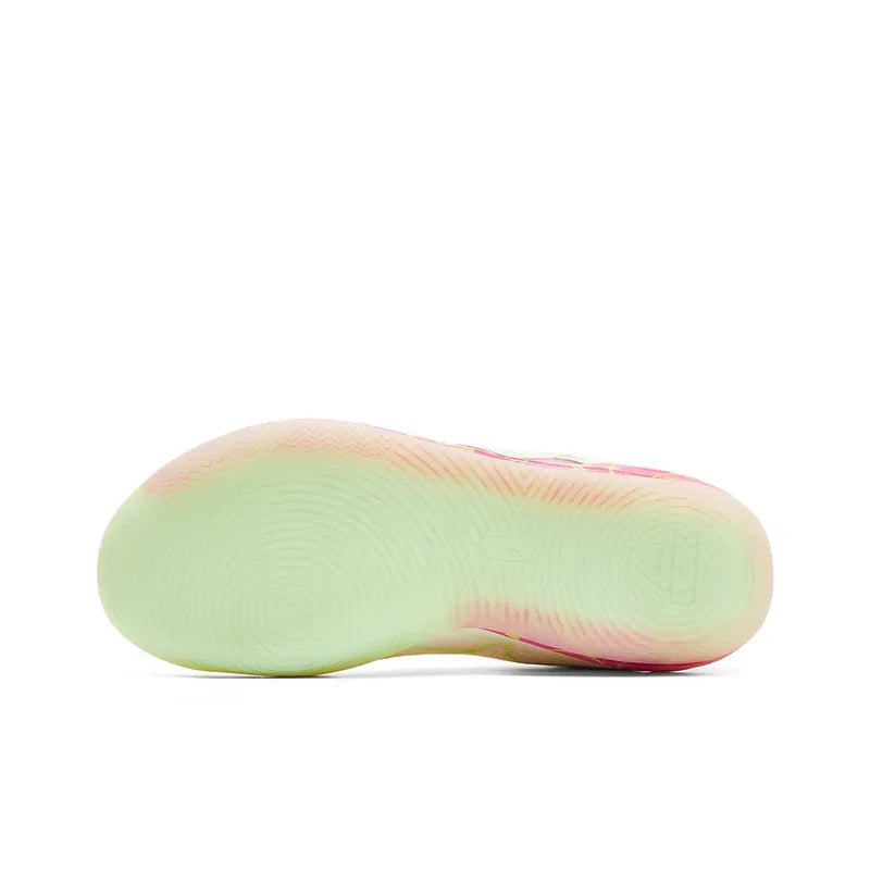Unisex basketball shoe outsole, light green sole with pink and yellow stripe details