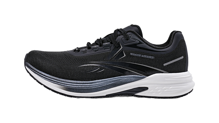 Unisex running shoe in dark gray/black with black side stripe and lace-up closure