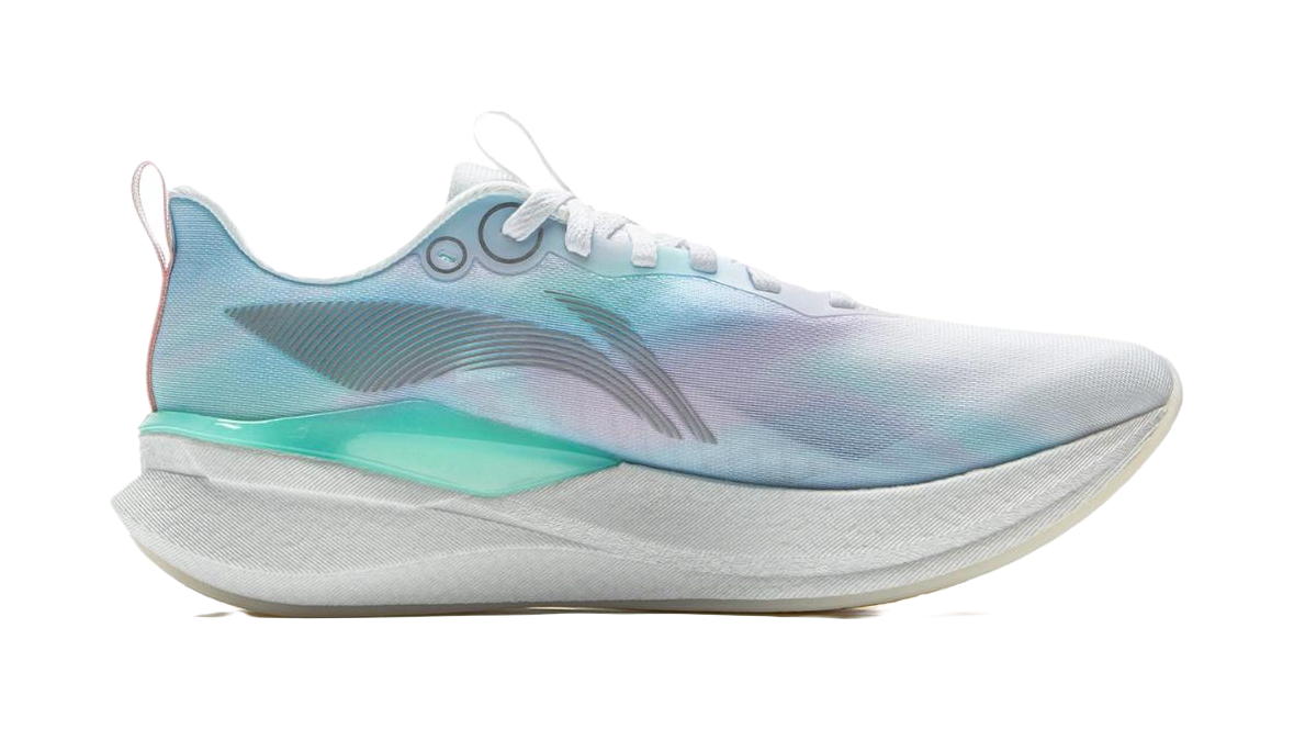 White and pastel lace-up running shoe side view with sculpted midsole.