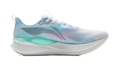 White and pastel lace-up running shoe side view with sculpted midsole.