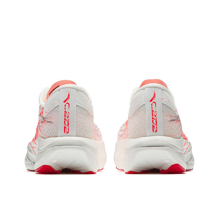Women's running shoe heel, white back with red accents, cushioned sole, lace-up.
