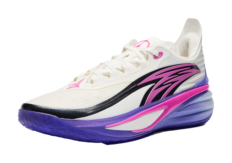 White basketball shoe with purple side stripe and magenta trim, angled view