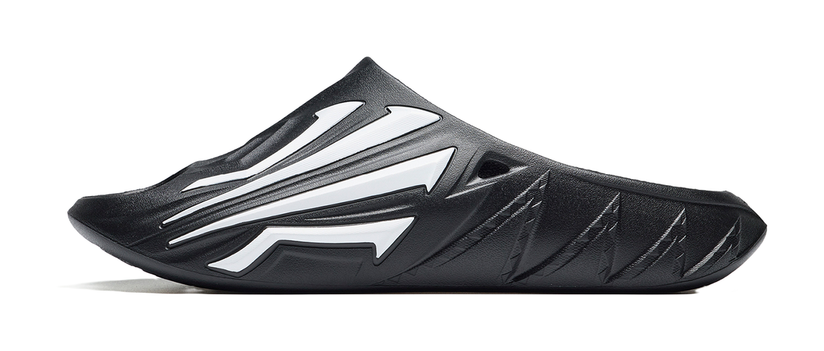 Men's black slide slippers with white graphic stripes, cushioned footbed and open toe