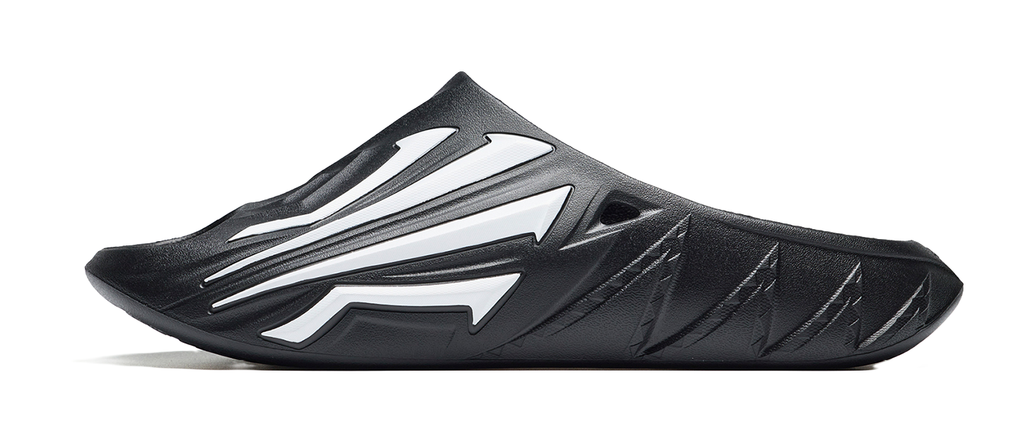 Men's black slide slippers with white graphic stripes, cushioned footbed and open toe