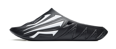 Men's black slide slippers with white graphic stripes, cushioned footbed and open toe
