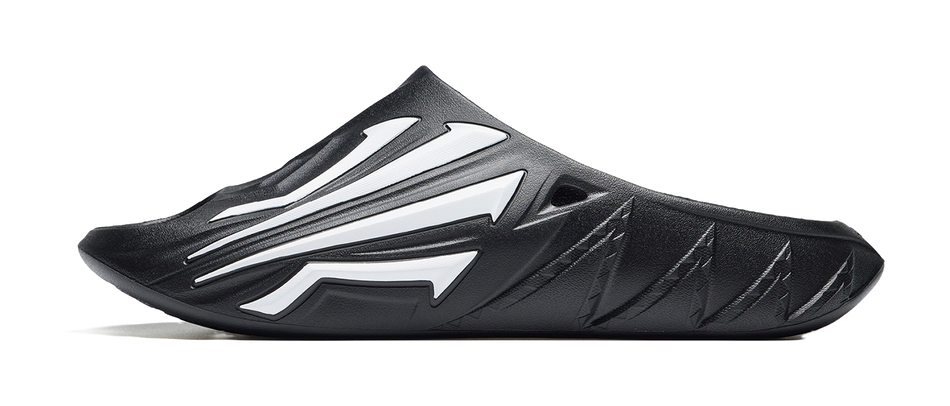 Men's black slide slippers with white graphic stripes, cushioned footbed and open toe