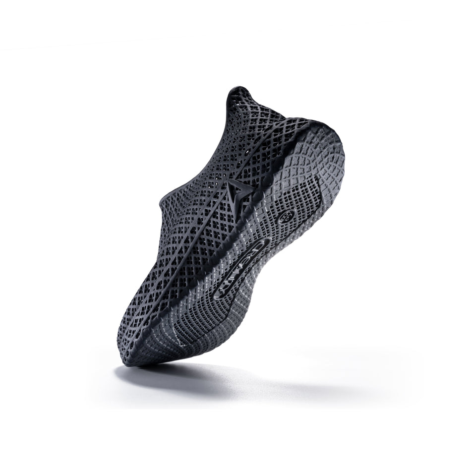 3D printed slip-on sneaker, dark textured upper, heel and side view