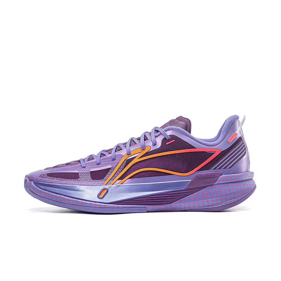Li-Ning purple basketball shoe with blue sole and orange-yellow side accents