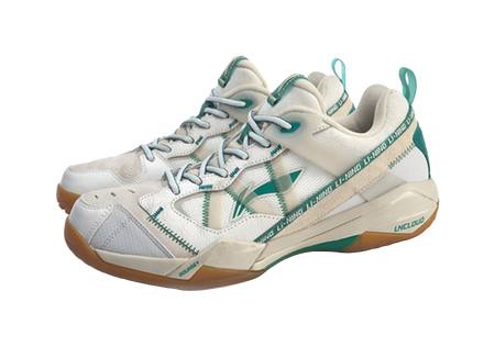 Pair of white-and-gray badminton shoes with green details, laces and side logos