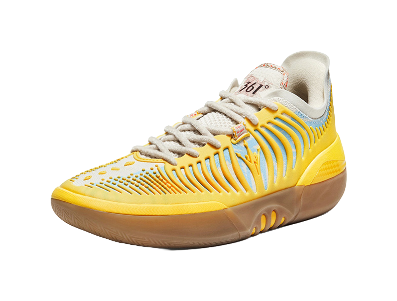 Vintage yellow lace-up low basketball shoe with ribbed upper and padded collar