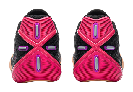 Low basketball shoes heel view: black uppers with pink pods and molded heel panels.