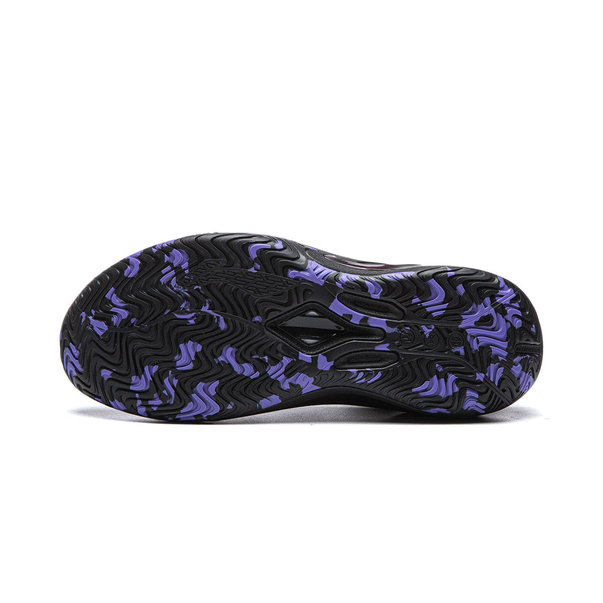 Black basketball shoe outsole with purple and blue patterned traction tread.