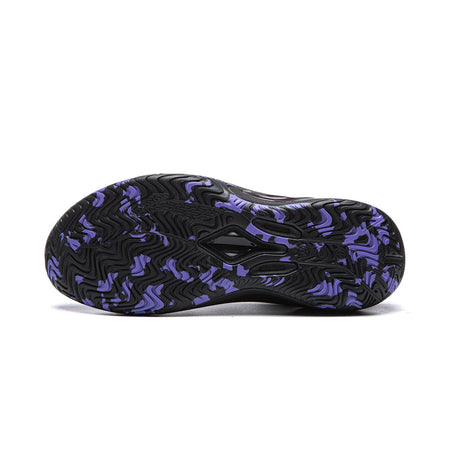 Black basketball shoe outsole with purple and blue patterned traction tread.