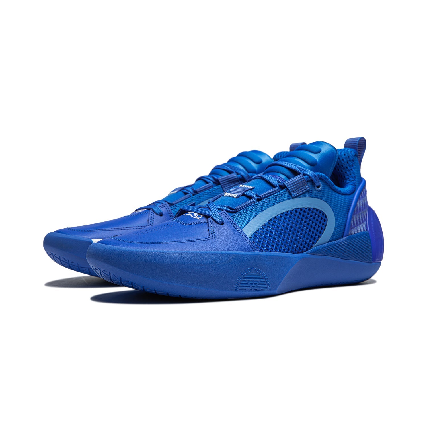 Men's basketball shoe bright blue with stitched overlays, high collar, and lace-up design