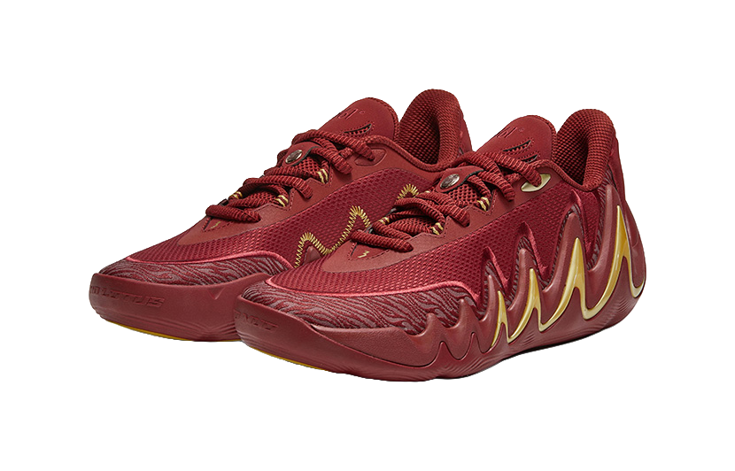 Men's low-top basketball shoes, burgundy with wave overlays and yellow zigzag panels
