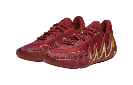 Men's low-top basketball shoes, burgundy with wave overlays and yellow zigzag panels